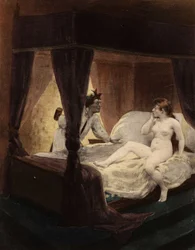 Nagy Thibeault egy kalapácsot rejteget a háta mögött. Felesége az ágyon fekszik. Pantagruel. Jules Garnier illusztrációja. In "Rabelais et l