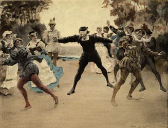 Férfiak és nők játszanak egy Colin Maillard-t. Gargantua. Jules Garnier illusztrációja. In "Rabelais et l