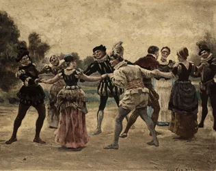 Férfiak és nők játszanak furont. Gargantua. Jules Garnier illusztrációja. In "Rabelais et l