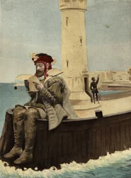 Pantagruel a Medamothi sziget világítótornya mellett ülve olvassa apja, Gargantua levelét. Pantagruel. Jules Garnier illusztrációja. "Rabelais et l