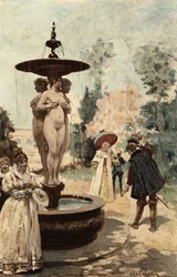 A thelemei apátság kútja, a három kegyelem. Gargantua. Jules Garnier illusztrációja. In "Rabelais et l
