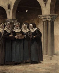A coingnaufondi apátság apácái felbontják a Iván (János) XXII. pápa által adományozott dobozt. Pantagruel. Jules Garnier illusztrációja. In "Rabelais et l