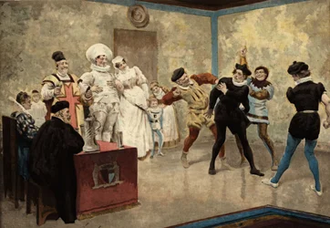 Két férfi megüt egy Chiquanous-t. Jelen vannak: Loyre pék és felesége esküvői ruhában (középen), Basche ura és Oudart gyógyító. Pantagruel. Jules Garnier illusztrációja. In "Rabelais et l
