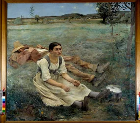 Széna. Egy nő a fűben ül egy, az aratási időszakban alvó férfi mellett. 1877. Nap. 1,80 x 1,95 m