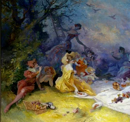 Reggeli a füvön Egy vidéki piknik jelenete. Részlet. Jules Cheret (1836-1932) festménye, 20. század, Nizza, Musee Cheret