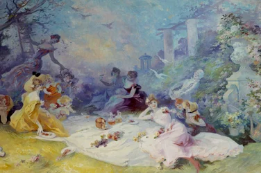 Reggeli a füvön Egy vidéki piknik jelenete. Jules Cheret (1836-1932) festménye, 20. század, Nizza, Musee Cheret