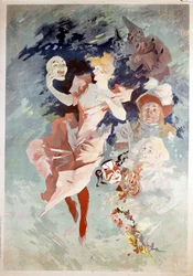 Jules Cheret karneváli plakátja: maszkos nő, B.N. Párizs. 19. század.