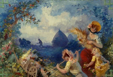 La Terre Allegorie fiatal nőket ábrázol, akik búzacsizmát tartanak a betakarítás hátterében. Karton Jules Cheret (1836-1932) gobelinekhez, 20. század Nizza, Musee Cheret