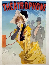 A Theatrophone plakátja: egy fiatal elegáns egy színházi darabot hallgat a hallgatóság elé. Illusztráció: Jules Cheret (1836-1932) 19. századi Párizs, Dekoratív művészetek