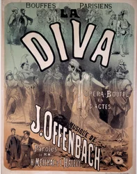 Jacques Offenbach (1819-1880) által megzenésített „Díva” című operett plakátja a párizsi Bouffes-ban