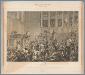 A párizsi felkelők megzavarták a képviselőház ülését Dernière séance de la chambre des députés (cím a tárgyon) Jelenetek az 1848-as februári forradalomból (sorozat címe) Revolution de 1848 (sorozat címe az objektumon)