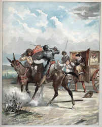 Don Quijote megtámadja ellenségét - Don Quijote, lován rácsap az ellenségére - Jules David (1808-1892) illusztrációja a Don Quijote történetéből (Don Quijote) - 1887 - Miguel de Cervantes Saavedra (1547-1616) -