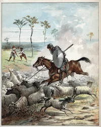 Don Quijote juhokat öl meg, mert lovagoknak hiszi őket - A lován ülő Don Quijote átdöfi a juhokat, akiket lovagoknak vél - Jules David (1808-1892) illusztrációja a Histoire de Don Quixote (Don Quixote) című műből - 1887 - Miguel de Cervantes Saavedra