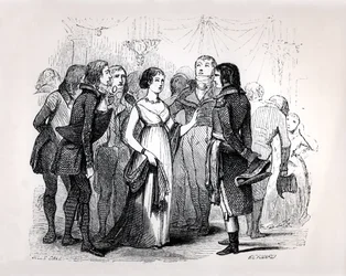 Madame de Stael (1766-1817) Napóleon Bonaparte-ot (1769-1821) faggatja a legjobb nőkről, Emile Marco de Saint-Hilaire Napóleon című művéből, Bernard metszete, Párizs, 1843