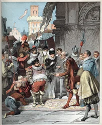 Sancho Panzát Barataria szigetének kormányzójává nevezik ki - Sancho Panza Barataria szigetének örökös kormányzója lesz - Jules David (1808-1892) illusztrációja a Histoire de Don Quichotte (Don Quichotte) című műből - 1887 - Miguel de Cervantes Saavedra