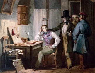Tanulmány. Egy szorgalmas diák az irodájában dolgozik, amíg a barátai kimennek. Színes metszet Jules David (XIX. század). Párizs, Musee Carnavalet