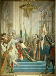 VII. Károly király (1403-1461) 1429. július 17-én vette át a koronát a reimsi székesegyházban Joan of Arc (1412-1431) jelenlétében Jules Eugene Lenepveu (1819-1898) festménye. Pantheon, Párizs.