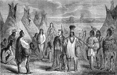 Delaware-i indiánok csoportja tipi táborukban. Janet Lange-nek tulajdonított metszet, 1870 körül. A „The Last of the Mohicans” című könyv 1888-as Hachette-kiadásának illusztrációja, Fenimore Cooper nyomán.