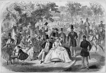 Párizsi életjelenet, délután a Bois de Boulogne-ban a XIX. Gravírozás Pelcoq rajza alapján. In „” L