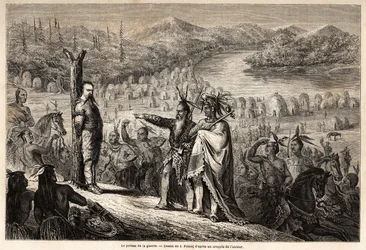 A hadioszlop, a Timpabachek törzs indiánjai által elfogott Wogan báró a San Juan, a Rio Grande folyó ág partján található, Jules Pelcoq rajza, hogy illusztrálja de Wogan báró utazásának történetét. Kalifornia 1850-185-ben