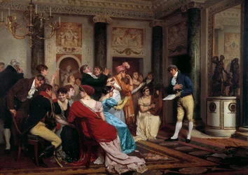 A romantika divatos Színházat olvasni egy párizsi szalonban. (Salon Litteraire) Jules Worms festménye (1832-1914) 19. századi Párizs, Palais du Luxembourg