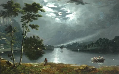 Ferry, Windermere, északra néz és a tó a holdfényben