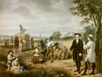Washington, a gazda: George Washington (1732-1799) Mont Vernon mezőin, ültetvényén a Virginia állambeli Fairfax grófjában. A bal alsó sarokban két mostohagyermeke, John és Martha Parke Custis látható. Litográfia