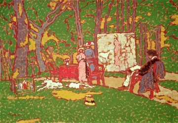 Lazarine és Anella festménye a parkban. Meleg van, 1910