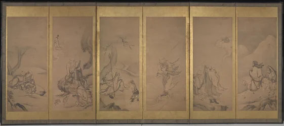 Buddhista, taoista és konfuciánus pátriárkák (tinta és aranylevél papíron)