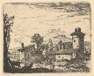 Tájkép két szarvas kecskével az árnyékban, a bal előtérben, mögöttük falusi épületekkel, kb. 1641-78.