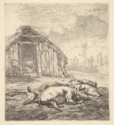 Három oldalukon heverő disznó, mögötte disznóól és vályú, 1652.