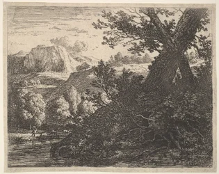 A patak, a dombos táj és a q... mögött sétáló ember mellett feltárt gyökerű fa, 1659.