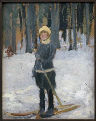 Nő síelés az erdőben. Karel Spillar (1871-1939) alkotása, olaj, karton