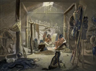 Egy mandán főnök kunyhójának belseje, 19. tábla az Utazások Észak-Amerika belsejében című 2. kötetből, Narcisse Desmadryl metszetével, 1844-es 103848 színes aquatinta részlet