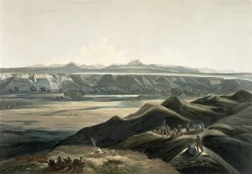 Kilátás a Sziklás-hegységre, az „Utazások Észak-Amerika belsejében” 2. kötetének 44. táblája, Sigismond Himely (1801-72) metszete, 1844 (akvatinta)