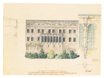 A stettini kastély északi homlokzatának új lépcsőházának terve, a loggia melléktanulmányával, a homlokzat keresztmetszetével és egy kötött pilaszterrel, 1840 körül (ceruza, toll és tinta