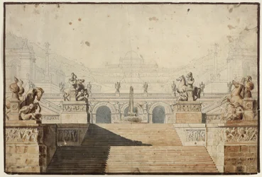 Armida. Christoph Willibald Gluck operája. Terv az 1. díszlethez. Palota lépcsőegyüttessel