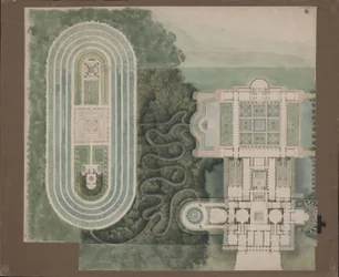 Potsdam-Sanssouci. Antik vidéki ház a Charlottenhof kastély közelében. Helyszínrajz és alaprajz