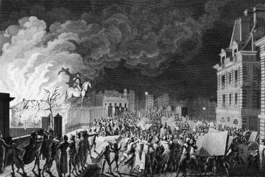 A francia forradalom első része: Az őrhadtest tüze a párizsi Pont Neuf-on 1788. augusztus 29-én. Girardet rajza és metszete. Párizs, a Forradalomtörténeti Intézet könyvtára