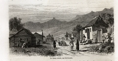 A Port Louis-i tábori kreol, Karl Girardet (1813-1871) rajza Alfred Verney 1861-es mauritiusi tartózkodásának illusztrálására. Metszet a „Le tour du monde”-ban, szerkesztette Edouard Charton