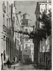 Bianca Cappello palotája Velencében, Velencében. Karl Girardet (1813-1871) rajza Adalbert de Beaumont 1850 körüli velencei utazásának illusztrálására. Metszet a „Le tour du monde”-ban, szerkesztette Edouard Charton