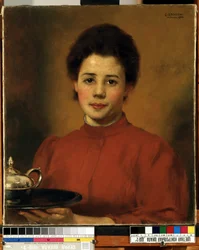 ""Fiatal nő pirosban"" egy nő portréja, aki egy tálcát hordoz egy ezüst teáskannával. (Egy nő pirosban) Karl (Carl) Gusov (1843-1907) festménye 1904 Mikalojus Konstantinas Ciurlionis Szépművészeti Múzeum, Kaunas, Litvánia