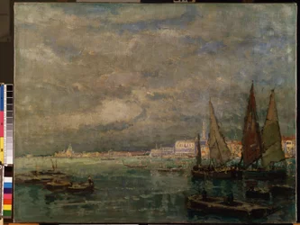 ""Kilátás a vitorlásokról a velencei lagúnában"" (Blick auf Venedig mit Segelbooten). Karl (Carl) Hagemeister (1848-1933) festménye 1926 Méret: 51x71 cm Mikalojus Konstantinas Ciurlionis Szépművészeti Múzeum, Kaunas, Litvánia
