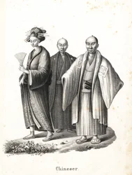 Japán oirán és szamuráj. Japán udvarhölgy kimonóban, legyezővel és hajdíszekkel, valamint két japán szamuráj chonmage frizurában, hakama fölött montsukit visel, két karddal (katana) az övükben. (Tévedésből kínai címmel.) Karl Joseph litográfiája