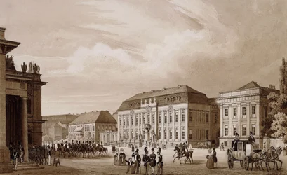 Unter den Linden, Berlin. Kilátás a Neue Wache felől a Kronprinzenpalais felé, jobbra a Prinzessinenpalais és balra a Kommandatur,