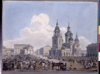 A Hay Market Place és a Nagyboldogasszony templom Szentpéterváron. Karl Petrovich Beggrov (1799-1875) munkája, akvarell papíron
