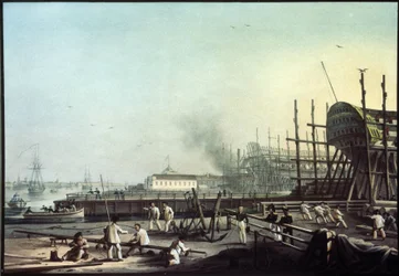 Az Admiralitás hajógyár Szentpéterváron (Szentpétervár). (Az Admiralitás haditengerészeti hajógyára Szentpéterváron). Karl Petrovich Beggrov (1799-1875) festménye. Olaj, vászon, 19. századi orosz művészet. Állami Orosz Múzeum, Szentpétervár.