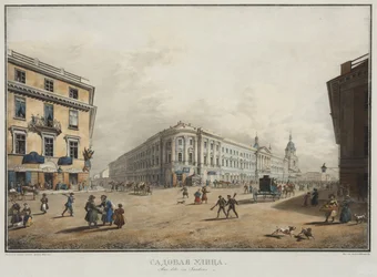 Kilátás a Sadovaya utcára, Szentpéterváron – Karl Petrovich Beggrov (1799-1875). Litográfia, akvarell