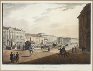 Kilátás a Moika rakpartra a Rendőrhíd közelében - Karl Petrovich Beggrov (1799-1875). Litográfia, akvarell