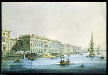 Kilátás a szentpétervári palota rakpartjára. Karl Petrovich Beggrov (1799-1875) festménye. Akvarell és tus papírra, 1830 körül, 19. századi orosz művészet, klasszicizmus. Állami Orosz Múzeum, Szent Pet